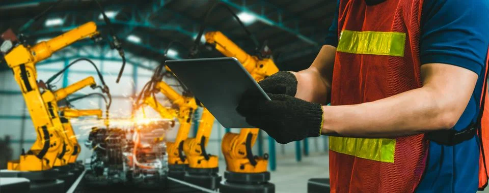 Engineer use advanced robotic software to control industry robot arm in factory 스톡 사진