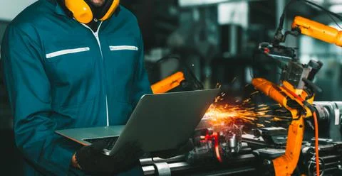 Engineer use advanced robotic software to control industry robot arm in factory 스톡 사진