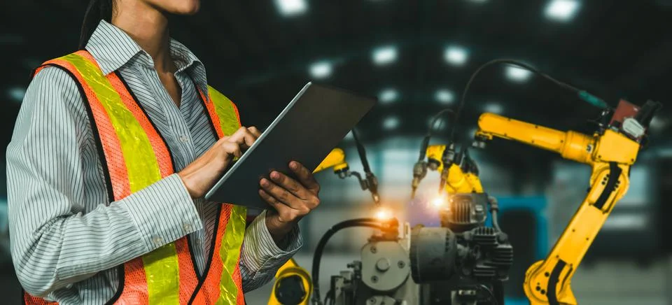 Engineer use advanced robotic software to control industry robot arm in factory 스톡 사진
