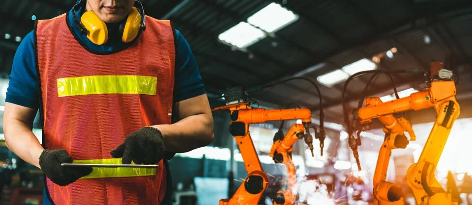 Engineer use advanced robotic software to control industry robot arm in factory Stockfoto's