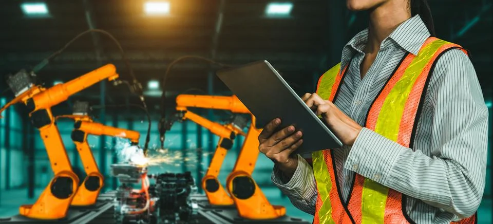 Engineer use advanced robotic software to control industry robot arm in factory Stockfoto's