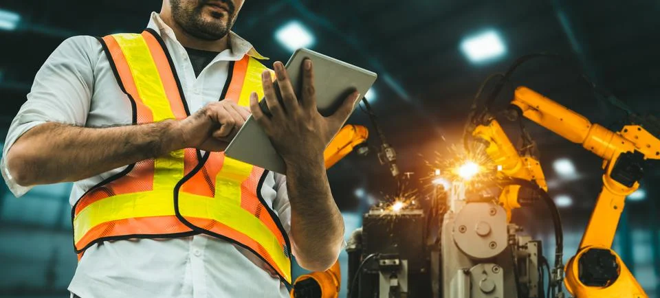 Engineer use advanced robotic software to control industry robot arm in factory 스톡 사진