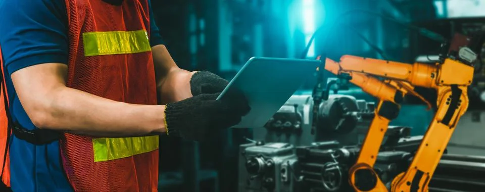 Engineer use advanced robotic software to control industry robot arm in factory 스톡 사진