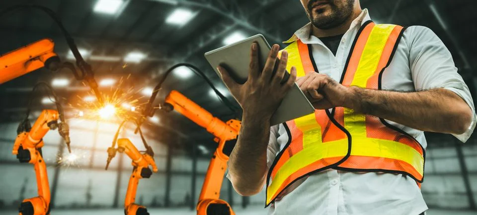 Engineer use advanced robotic software to control industry robot arm in factory 스톡 사진