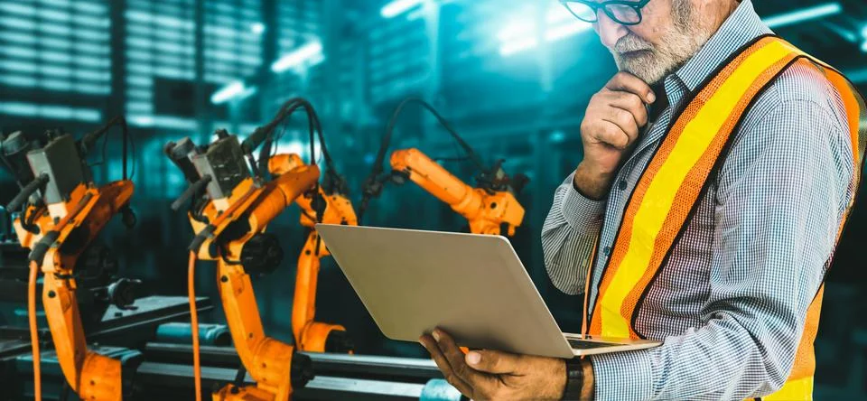 Engineer use advanced robotic software to control industry robot arm in factory Stockfoto's