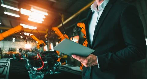Engineer use advanced robotic software to control industry robot arm in factory Stockfoto's