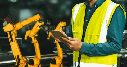 Engineer use advanced robotic software to control industry robot arm in factory Foto stock