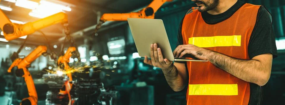 Engineer use advanced robotic software to control industry robot arm in factory 스톡 사진