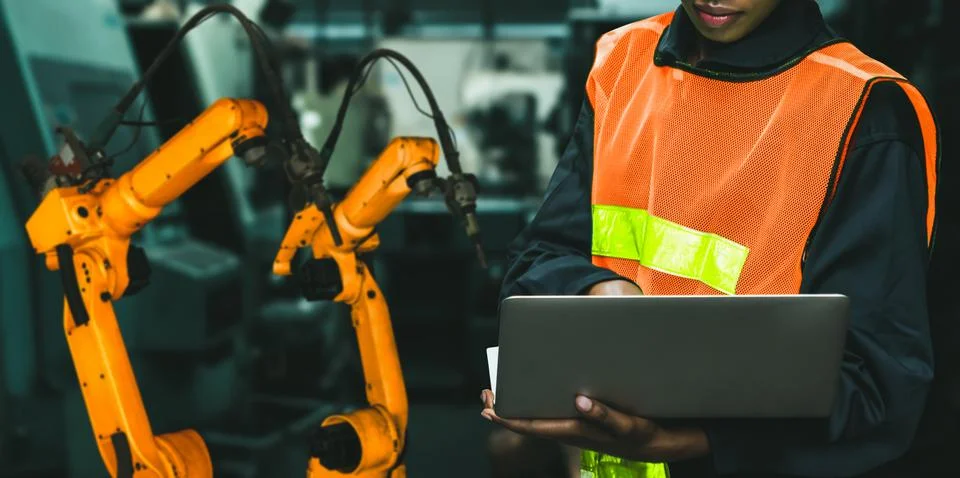 Engineer use advanced robotic software to control industry robot arm in factory 스톡 사진