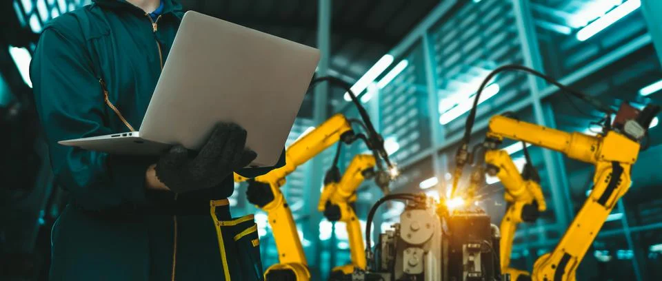 Engineer use advanced robotic software to control industry robot arm in factory 스톡 사진