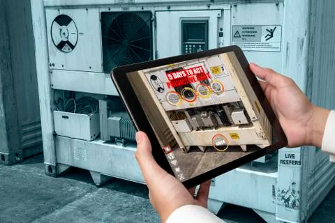 Engineer use augmented reality software in smart factory production line 스톡 사진