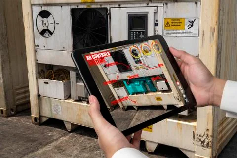 Engineer use augmented reality software in smart factory production line 스톡 사진