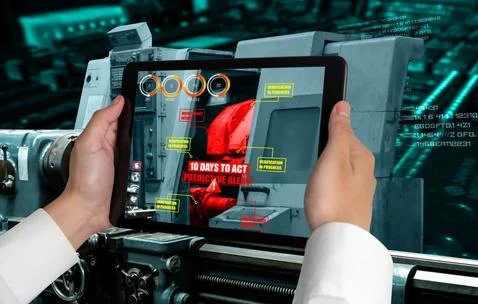 Engineer use augmented reality software in smart factory production line 스톡 사진