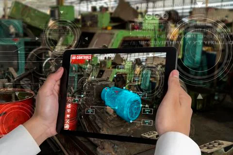 Engineer use augmented reality software in smart factory production line Foto stock