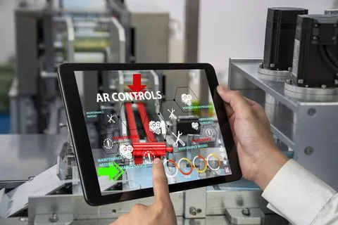 Engineer use augmented reality software in smart factory production line Stock Photos