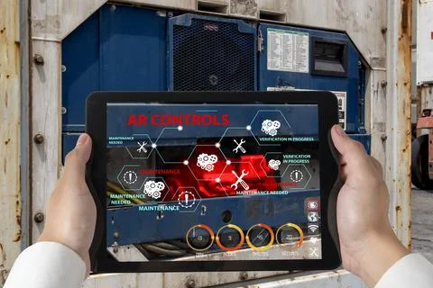 Engineer use augmented reality software in smart factory production line Stockfoto's