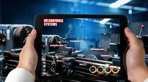 Engineer use augmented reality software in smart factory production line Stock Photos