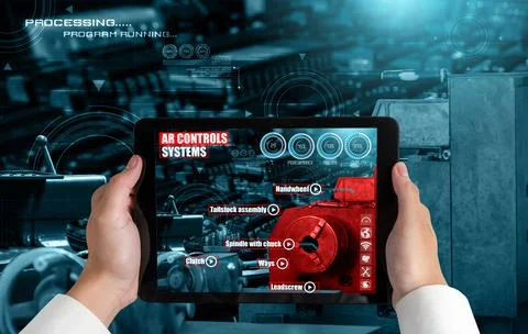 Engineer use augmented reality software in smart factory production line 스톡 사진