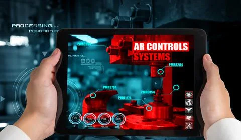 Engineer use augmented reality software in smart factory production line Stockfoto's