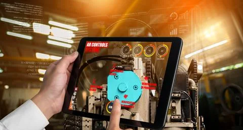 Engineer use augmented reality software in smart factory production line Stock Photos