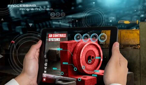 Engineer use augmented reality software in smart factory production line 스톡 사진