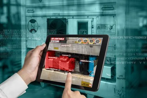 Engineer use augmented reality software in smart factory production line Foto stock