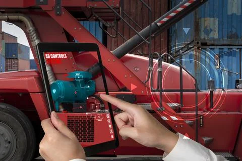 Engineer use augmented reality software in smart factory production line Stock Photos