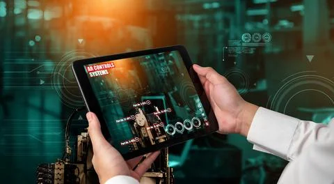 Engineer use augmented reality software in smart factory production line 스톡 사진