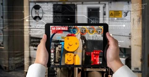 Engineer use augmented reality software in smart factory production line 스톡 사진