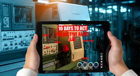 Engineer use augmented reality software in smart factory production line Stockfoto's