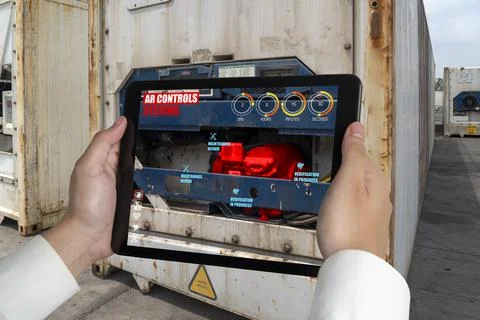 Engineer use augmented reality software in smart factory production line Foto stock