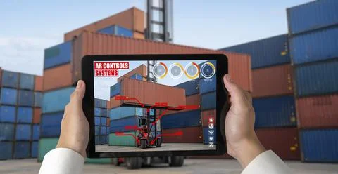 Engineer use augmented reality software in cargo container yard Fotos Stock