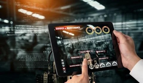 Engineer use augmented reality software in smart factory production line 스톡 사진