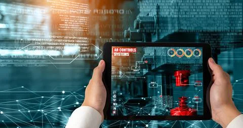 Engineer use augmented reality software in smart factory production line 스톡 사진