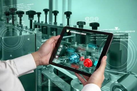 Engineer use augmented reality software in smart factory production line Stockfoto's