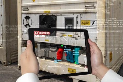 Engineer use augmented reality software in smart factory production line Stock Photos