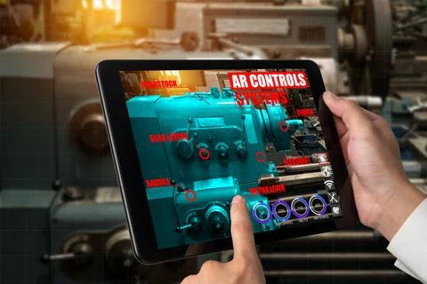 Engineer use augmented reality software in smart factory production line 스톡 사진