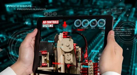Engineer use augmented reality software in smart factory production line 스톡 사진