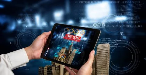 Engineer use augmented reality software in smart factory production line 스톡 사진
