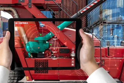 Engineer use augmented reality software in smart factory production line Stock Photos