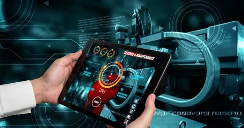 Engineer use augmented reality software in smart factory production line Stockfoto's