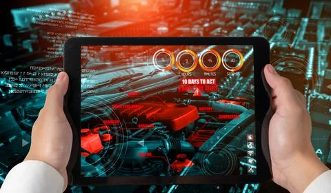 Engineer use augmented reality software in smart factory production line Stock Photos