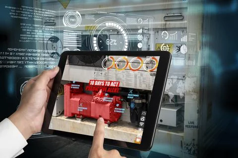 Engineer use augmented reality software in smart factory production line 스톡 사진