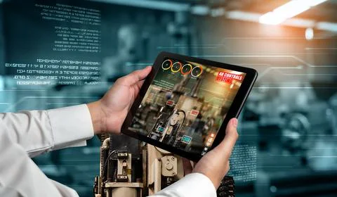 Engineer use augmented reality software in smart factory production line Stockfoto's