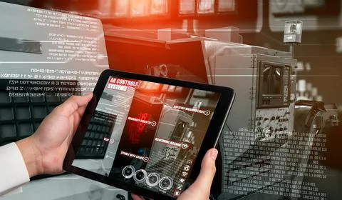 Engineer use augmented reality software in smart factory production line Foto stock