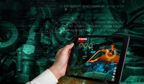 Engineer use augmented reality software in smart factory production line 스톡 사진
