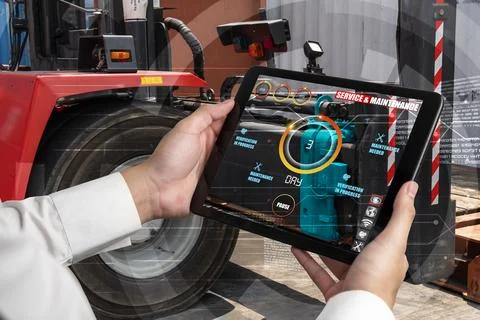 Engineer use augmented reality software in smart factory production line Stockfoto's