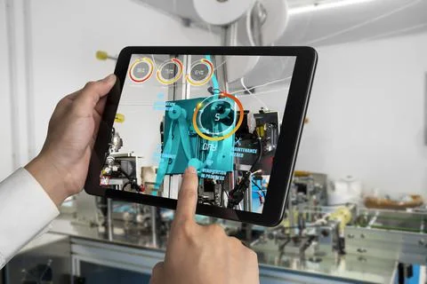 Engineer use augmented reality software in smart factory production line Stock Photos