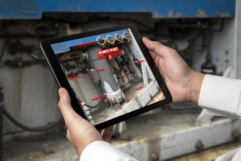 Engineer use augmented reality software in smart factory production line 스톡 사진