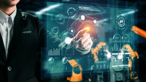 Engineer use cybernated robotic software control industry robot arm in factory Stock Footage 210538003